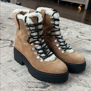 Women's Marc Fisher Brand New Tan Suede Ankle Boots with Faux Fur Lining 8